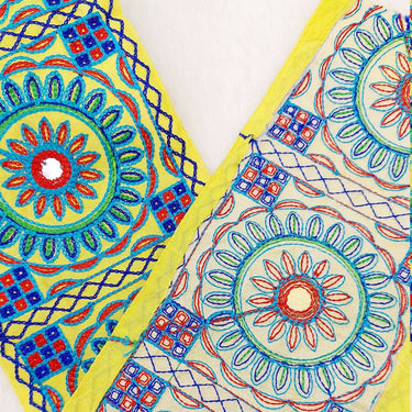 Indian Yellow Fabric Trim, Mirror Floral Kutch Embroidered, Decorative Trim